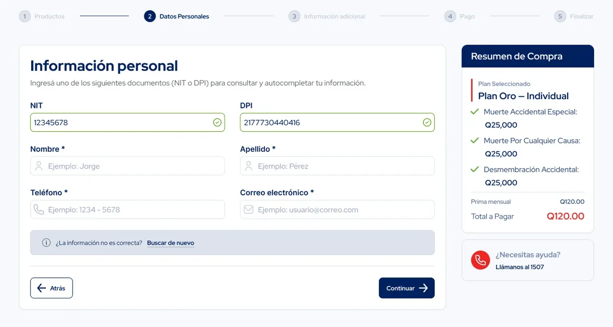 Paso 2 de la compra de Vida Dental en Seguros CHN: los campos de NIT y DPI validados en verde