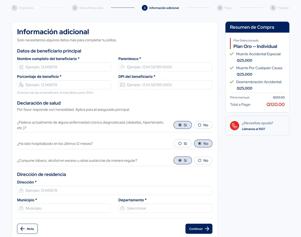 Paso 3 de la compra: formulario de información adicional con barra de progreso y resumen de compra