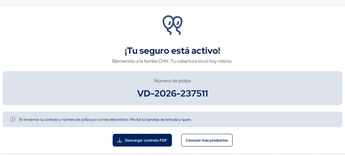 Paso 5: confirmación «Tu seguro está activo» con el número de póliza